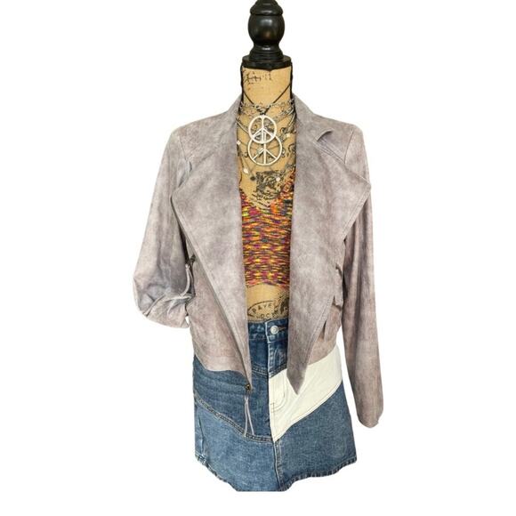LAVANDER BROWN - NWOT faux leather moto biker jacket crackled gray size SMALL - Picture 3 of 15